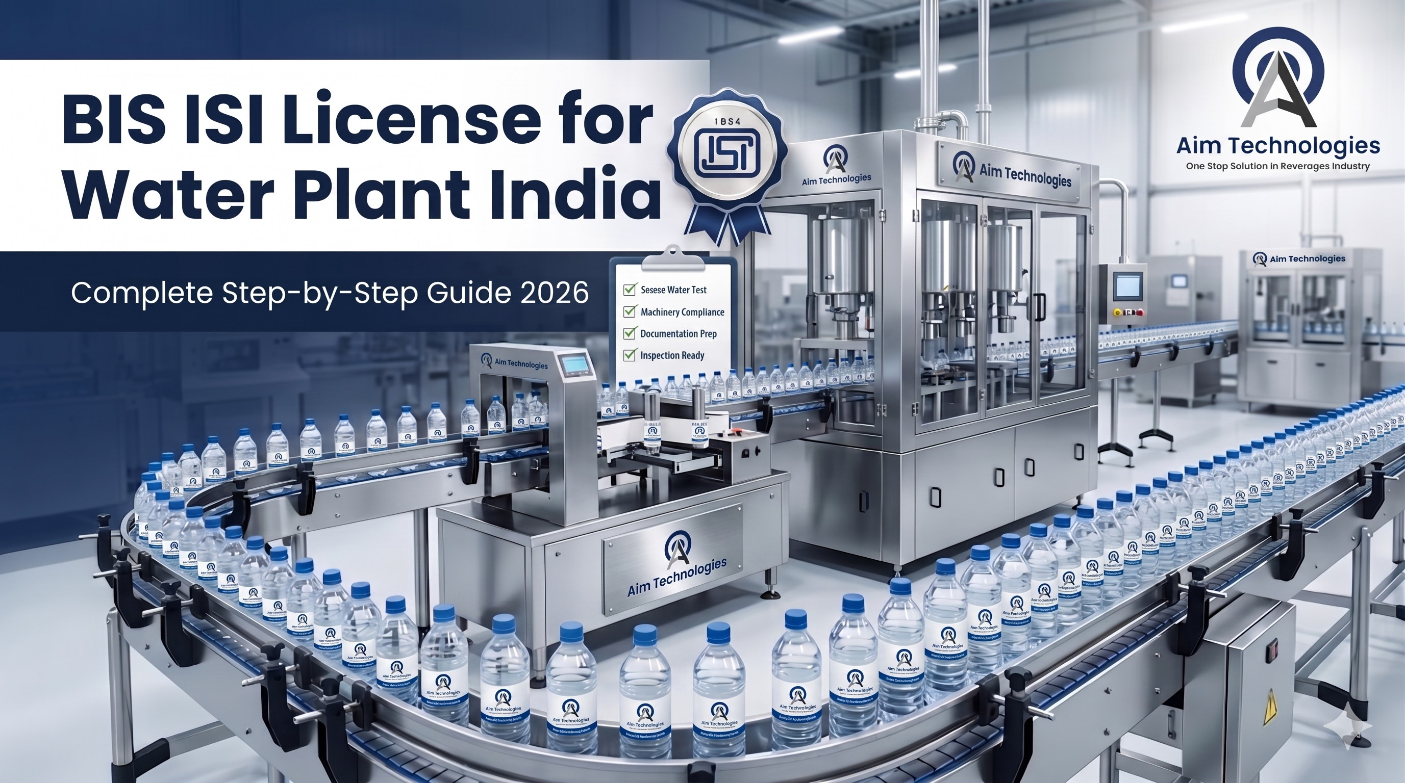 BIS ISI license packaged drinking water plant India — complete turnkey mineral water project setup by Aim Technologies Surat Gujarat 2026